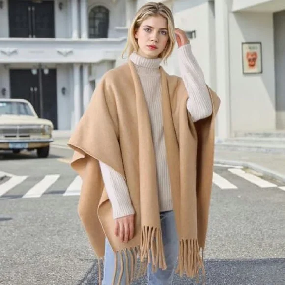 Oversized Poncho Shawl Wrap, 55.5" Length, Acrylic Polyester Blend, Open Front - Picture 8 of 8